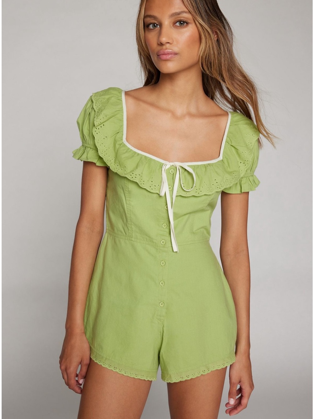 Kimichi blue Green Ruffle-Trim Short Jumpsuit